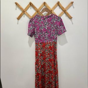 Fitted two tone floral print midi dress